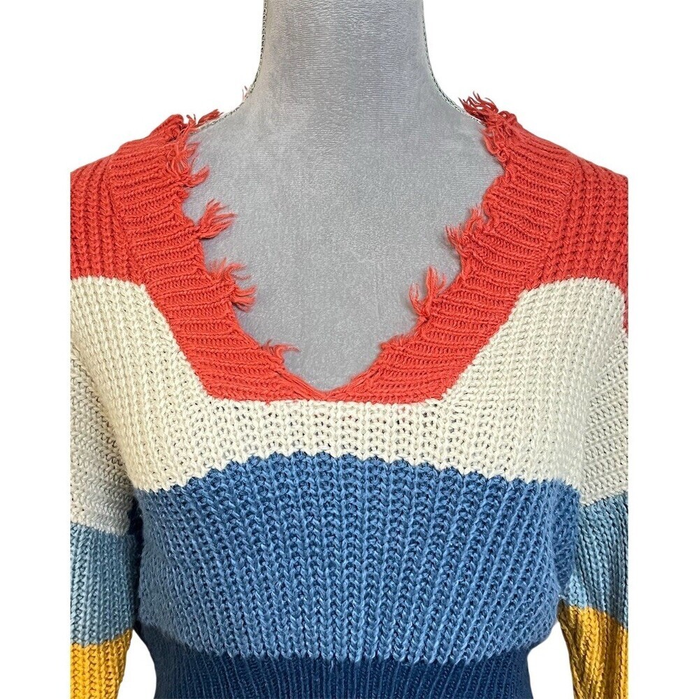 Coco + Jaimeson Cropped Stripped Sweater S Multicolor Fringe Hem Spring Cozy - Picture 2 of 9